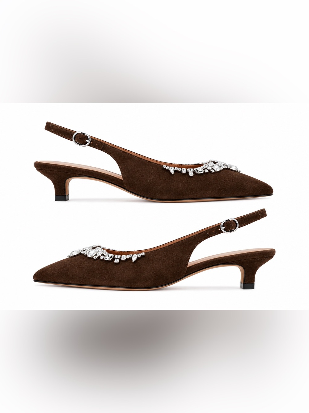 Paolo Brown Suede Slingback Kitten Heels with Crystal Accents - Picture 3 of 5
